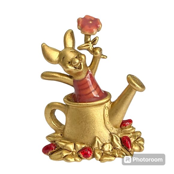 Vintage Disney Piglet Pin Brooch Winnie the Pooh Flower Pot Gold Tone Signed - Picture 1 of 9